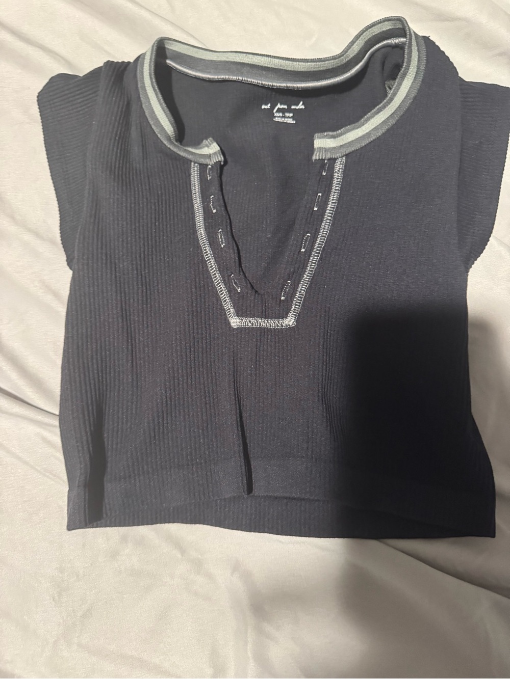Urban Outfitters Black Ribbed Notch-Neck Crop Top with Contrast Trim